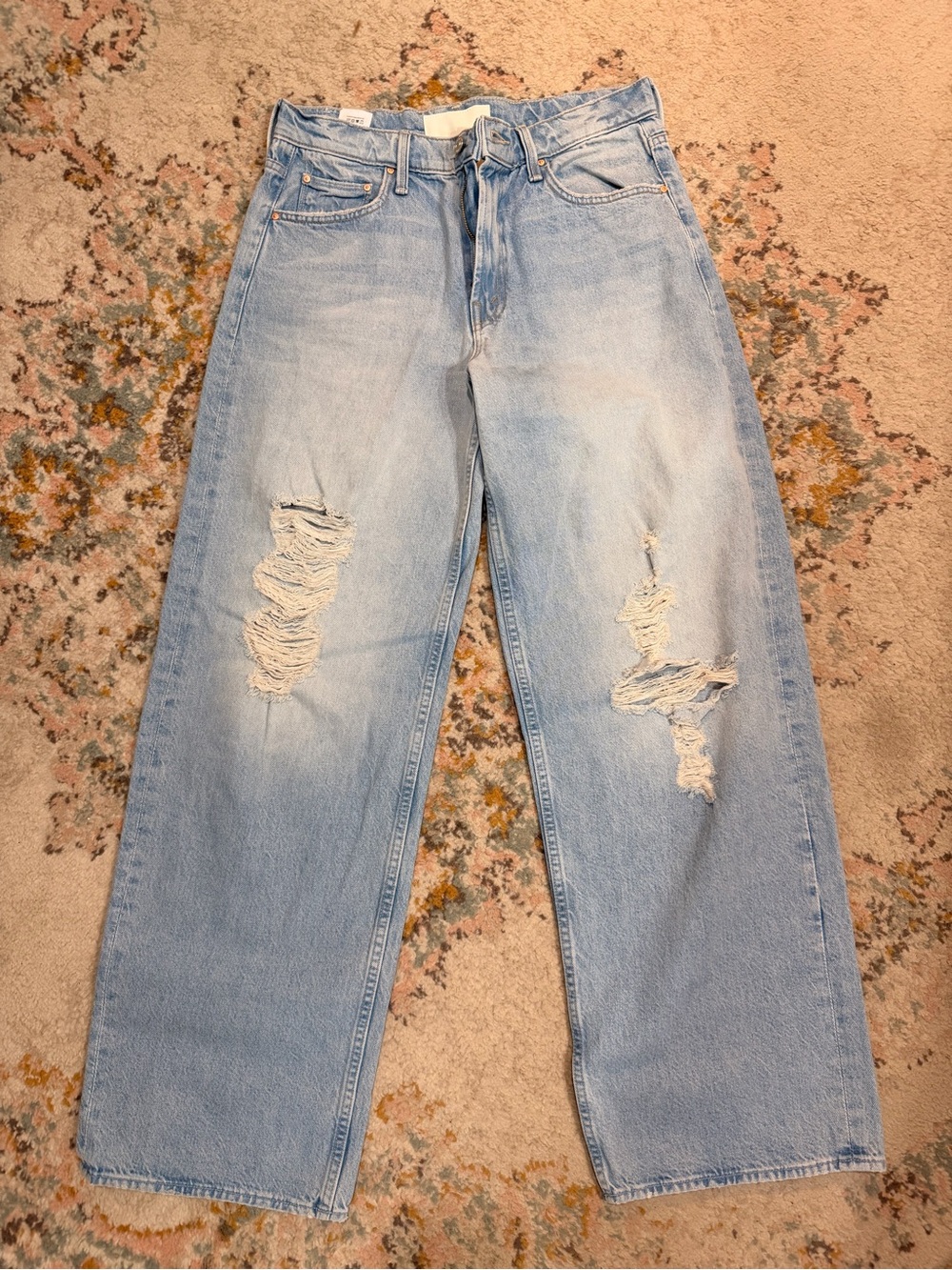 MOTHER Light Blue Distressed Wide Leg Jeans The Spinner Sneak